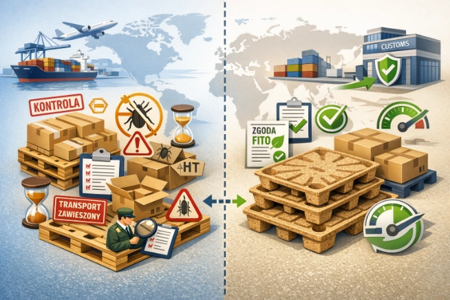 Porównanie procesów transportu międzynarodowego na drewnianych i prasowanych paletach: po lewej stronie kontrole, zagrożenie szkodnikami, opóźnienia i problematyczna odprawa celna na tradycyjnych paletach; po prawej szybki, bezproblemowy transport na prasowanych paletach z łatwą zgodą fitosanitarną. Koniec z fumigacją i opóźnieniami: Jak palety INKA optymalizują eksport poza UE?