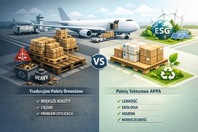 Porównanie tradycyjnych palet drewnianych i palet tekturowych APPA: po lewej stronie ciężkie, drewniane palety z większymi kosztami, problemem utylizacji i odpadami; po prawej lekkie, ekologiczne, higieniczne i nowoczesne palety tekturowe na tle symboli ekologicznych i globu z napisem ESG. Jak obniżyć koszty frachtu o dziesiątki procent i zadbać o ESG z paletami APPA?