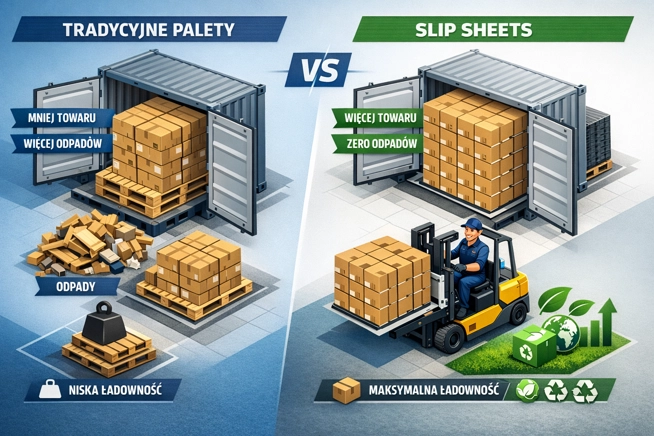 Porównanie tradycyjnych palet i slip sheetów na ilustracji logistycznej: po lewej stronie mniej towaru, więcej odpadów i niska ładowność przy tradycyjnych paletach; po prawej więcej towaru, brak odpadów, maksymalna ładowność i elementy ekologiczne przy slip sheetach. Zwiększ ładowność o 15% i wyeliminuj koszty obsługi palet z Slip Sheets – zabójcą palet drewnianych!